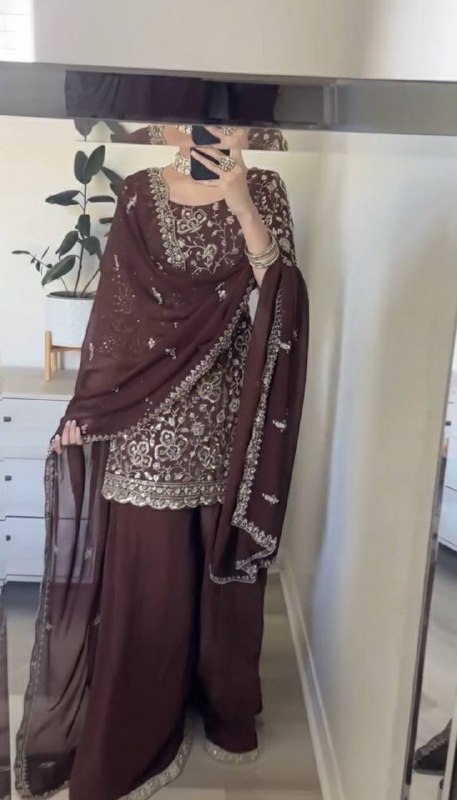 Elegance in Rich Brown Embroidery