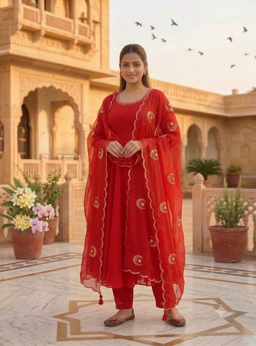 Radiant Red Elegance Embroidered Georgette Suit