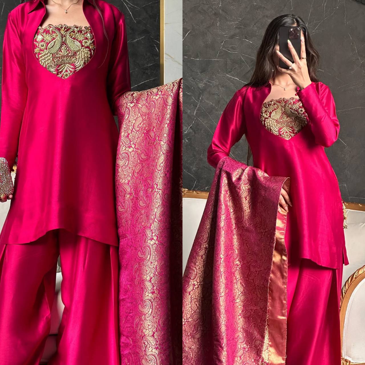 Classic Rani Pink Silk Festive Suit Set