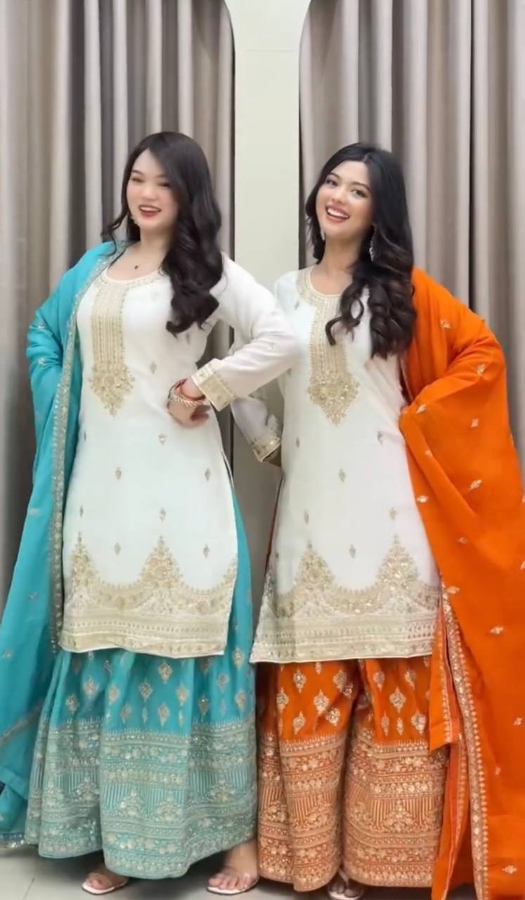 Embroidered Kurta Sharara Suit Set With Dupatta