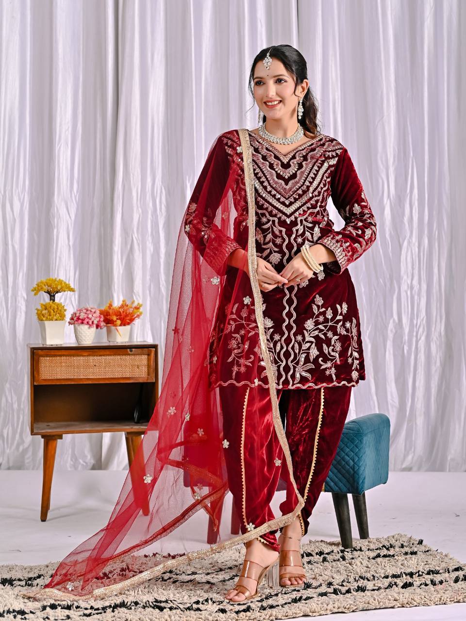 Luxurious Velvet Maroon Patiala Suit Design