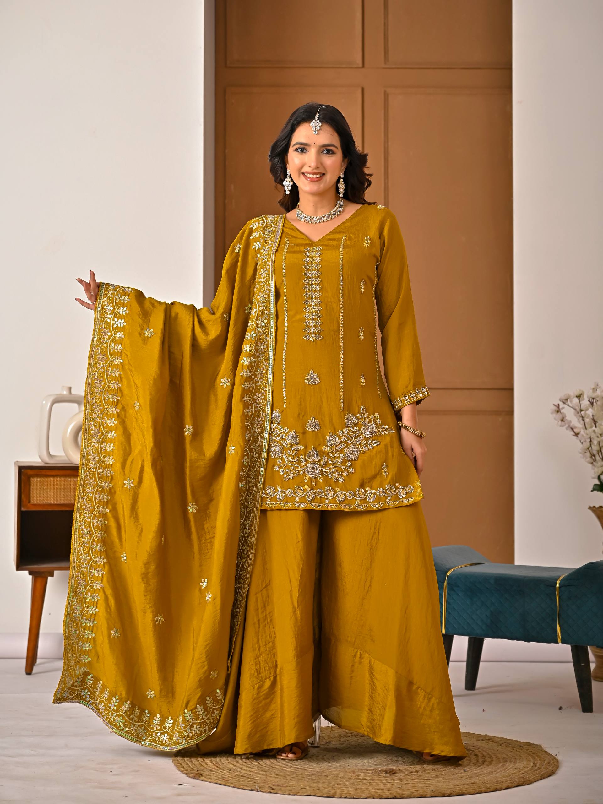 Stylish Mustard Suit Featuring Embroidered Details