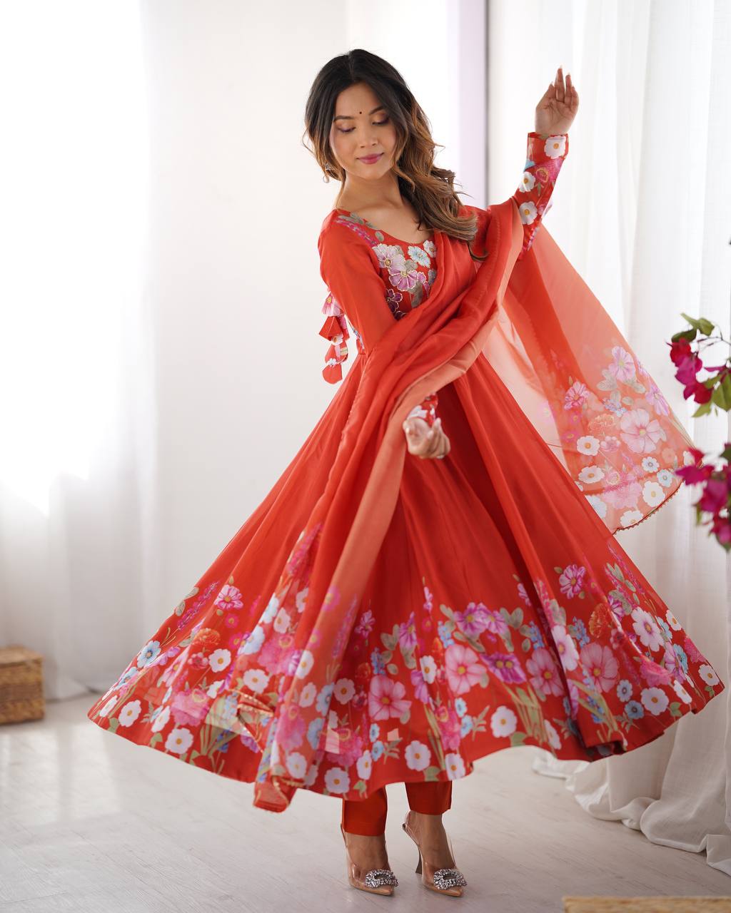 Flower Printed Anarkali Gown With Pant & Dupatta Set