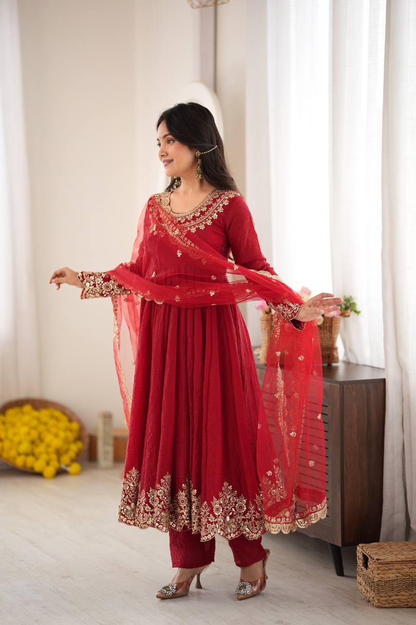 Regal Red Embroidered Anarkali for Celebrations