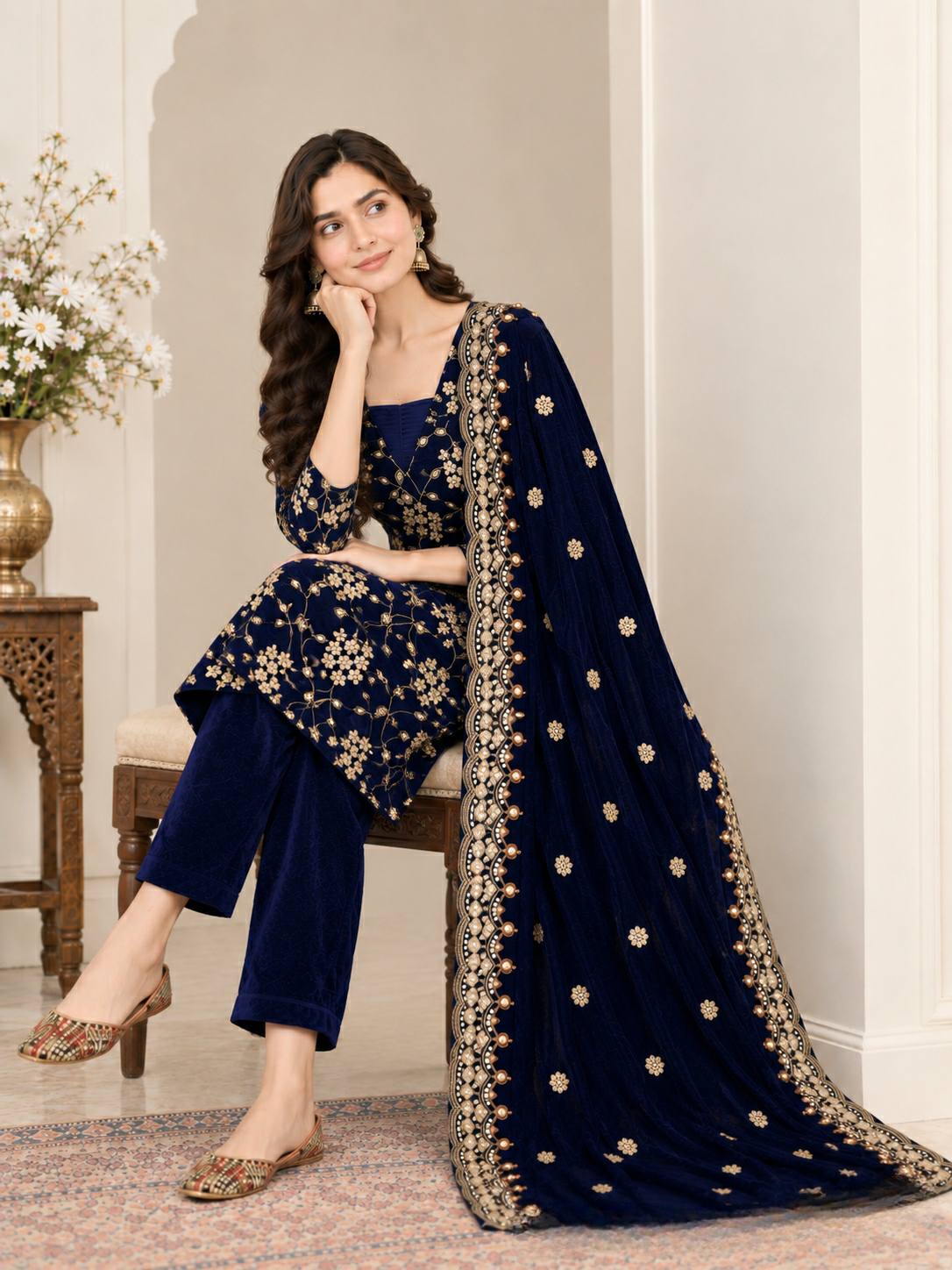 Elegant Navy Velvet Suit with Gold Embellishments