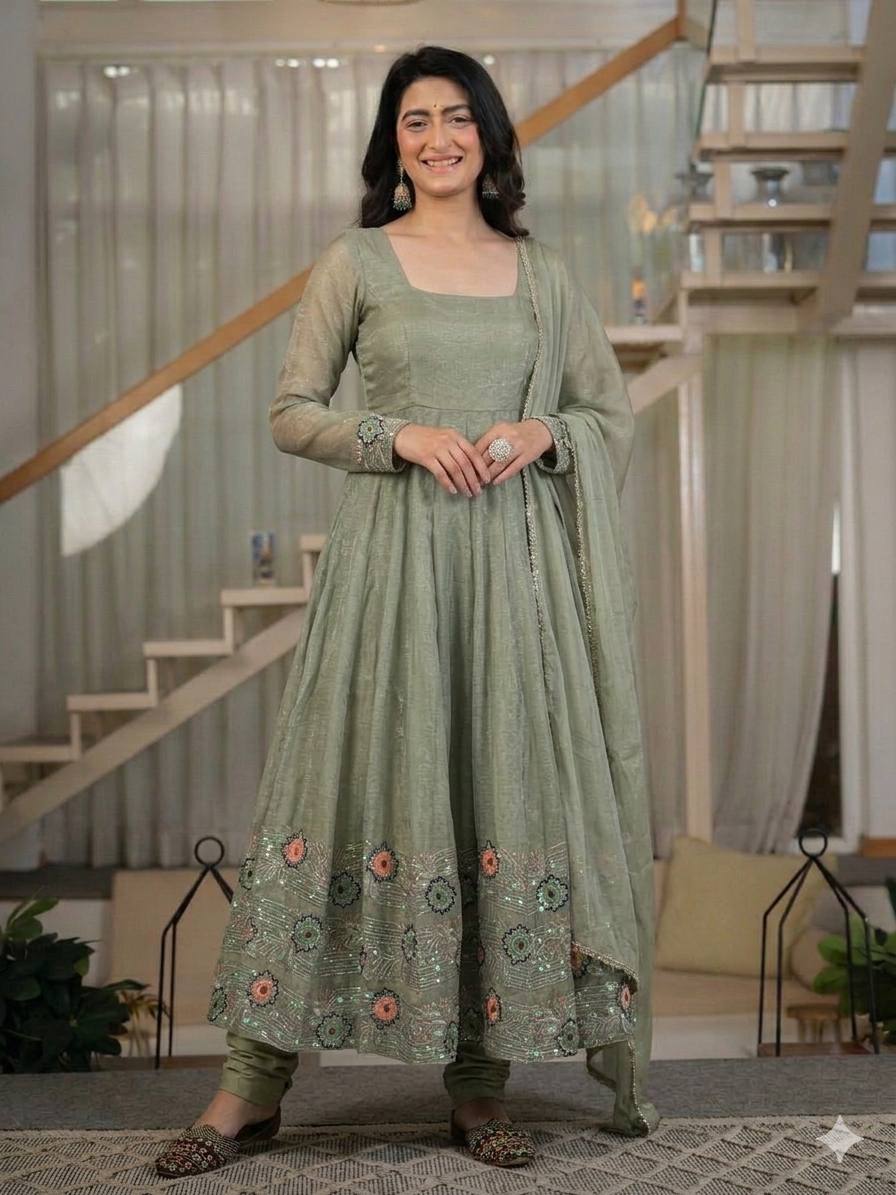 Chic Green Anarkali with Intricate Embroidery