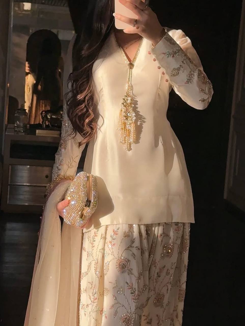 Luxury Pearl White Designer Suit Featuring Intricate Golden Embroidery Details