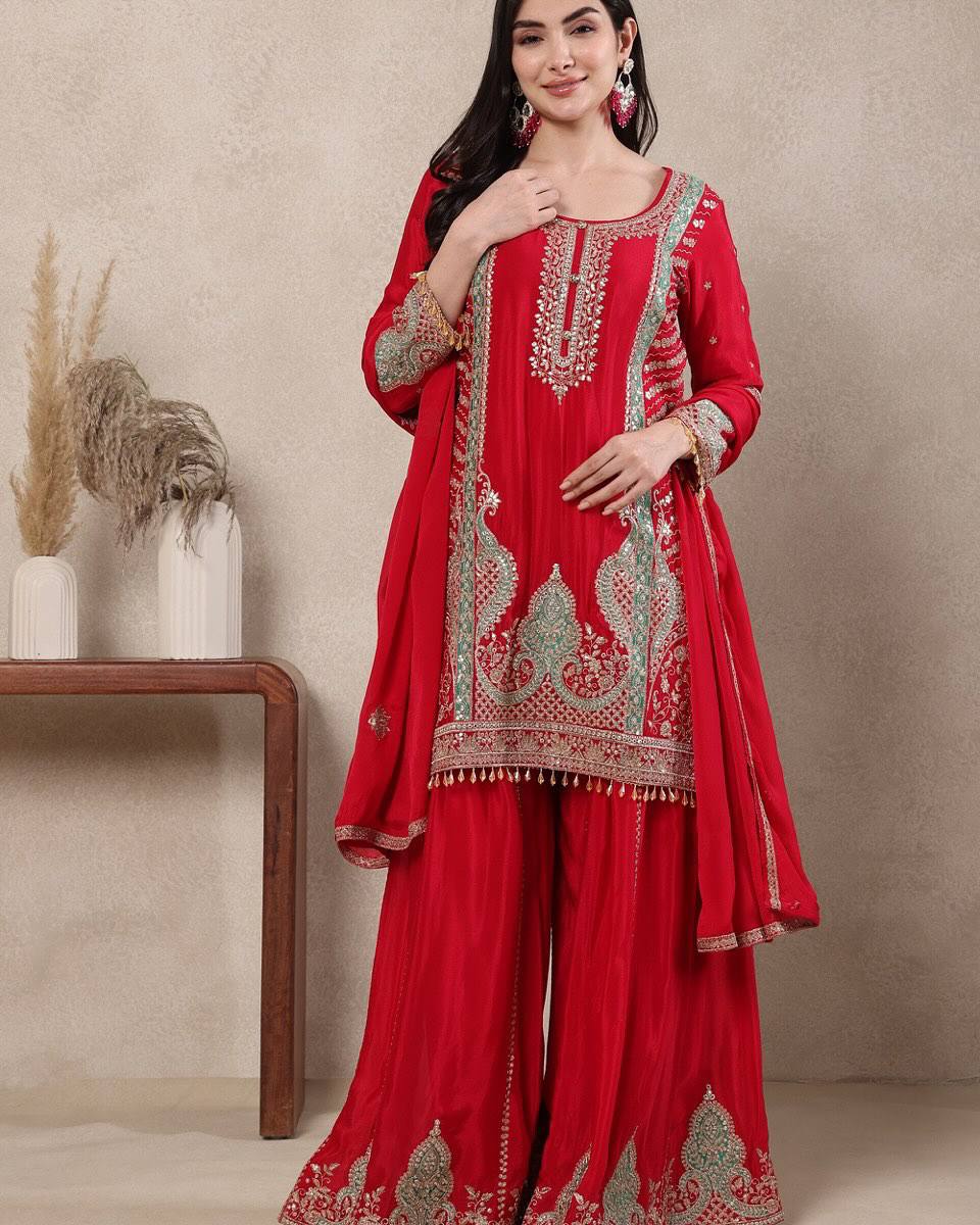 Stunning Red Embroidered Ensemble for Events
