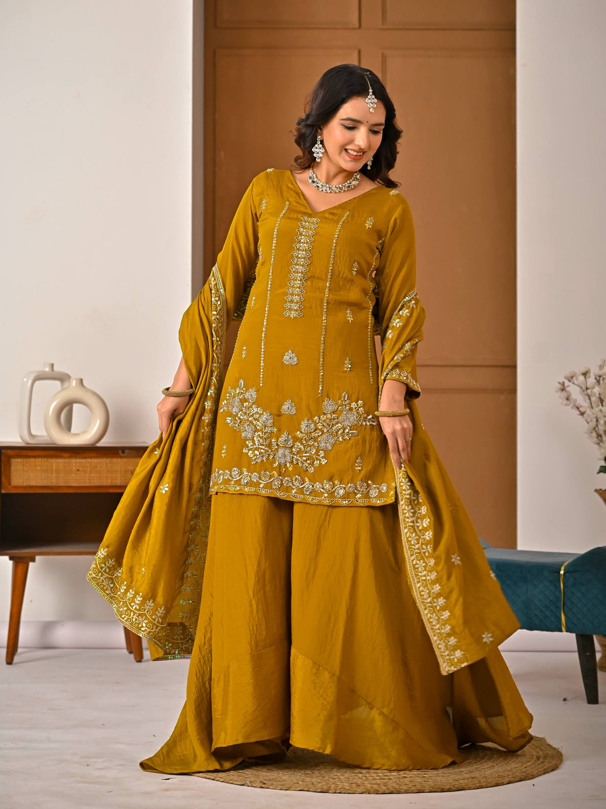 Mustard Silk Charm Embroidered Elegance Attire