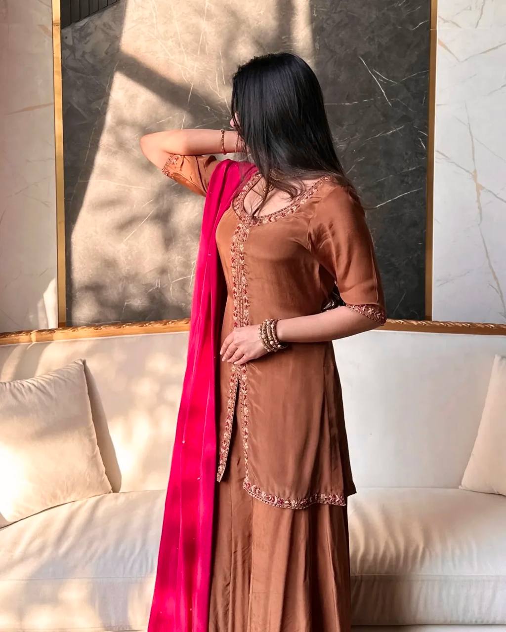 Intricate Neckline Festive Wear Silk Suit Outfit