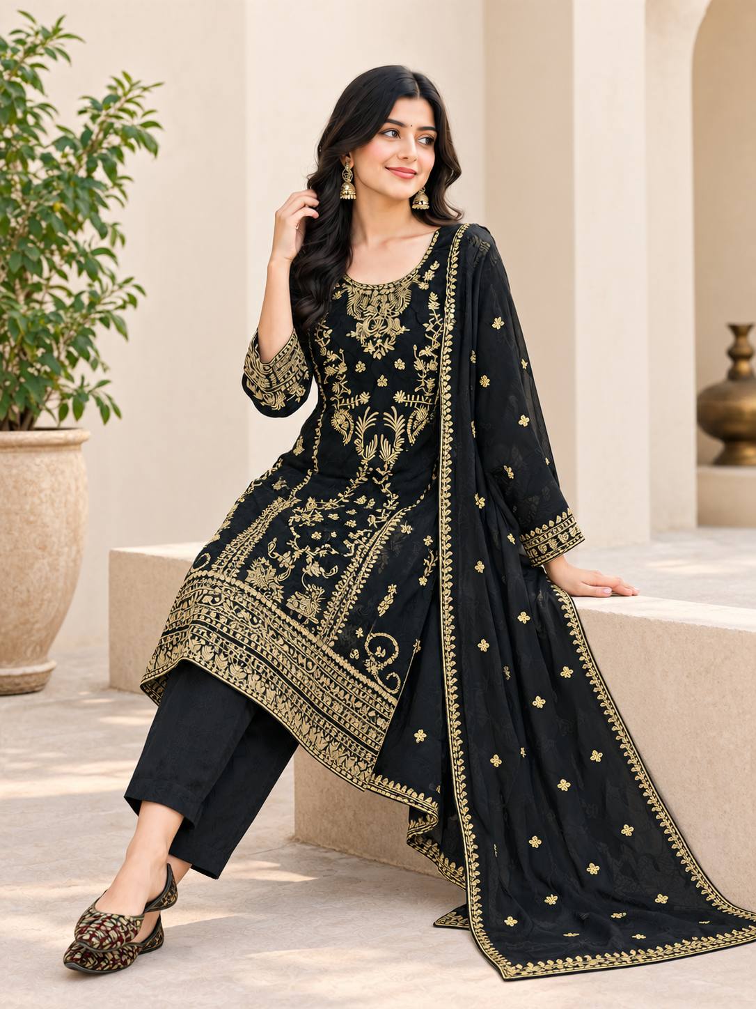 Opulent Black Embroidered Gold Suit Design