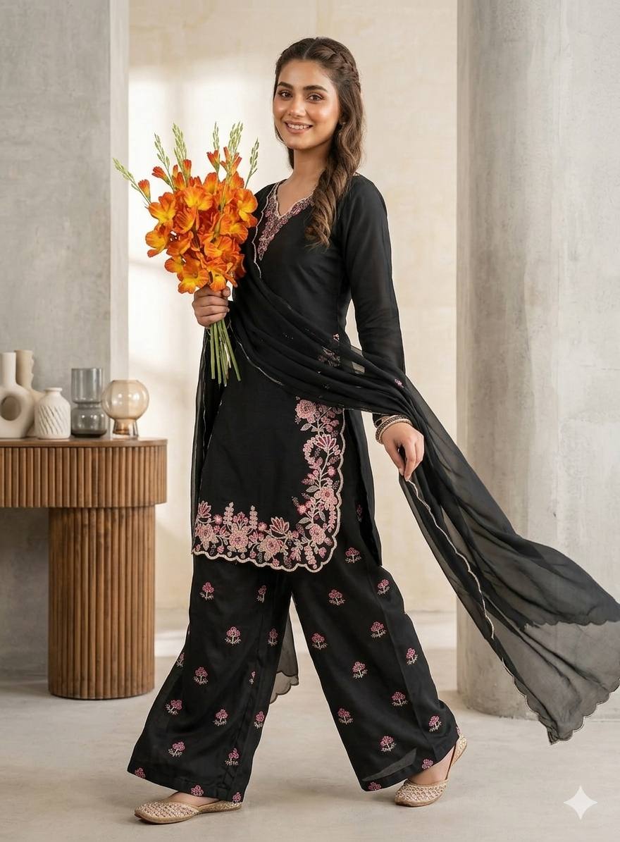 Elegant Black Suit with Floral Embroidery