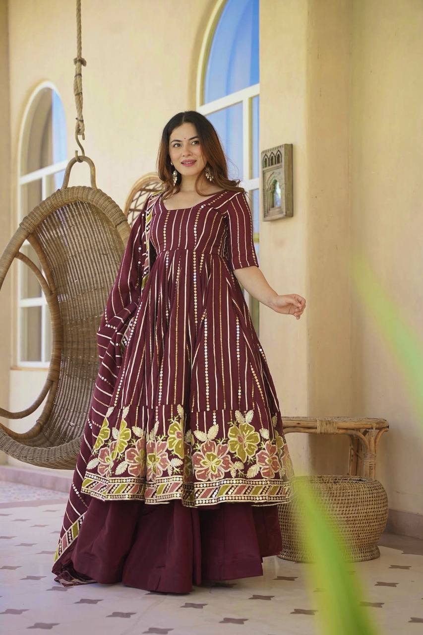 Royal Maroon Embroidered Anarkali Suit With Designer Dupatta Collection