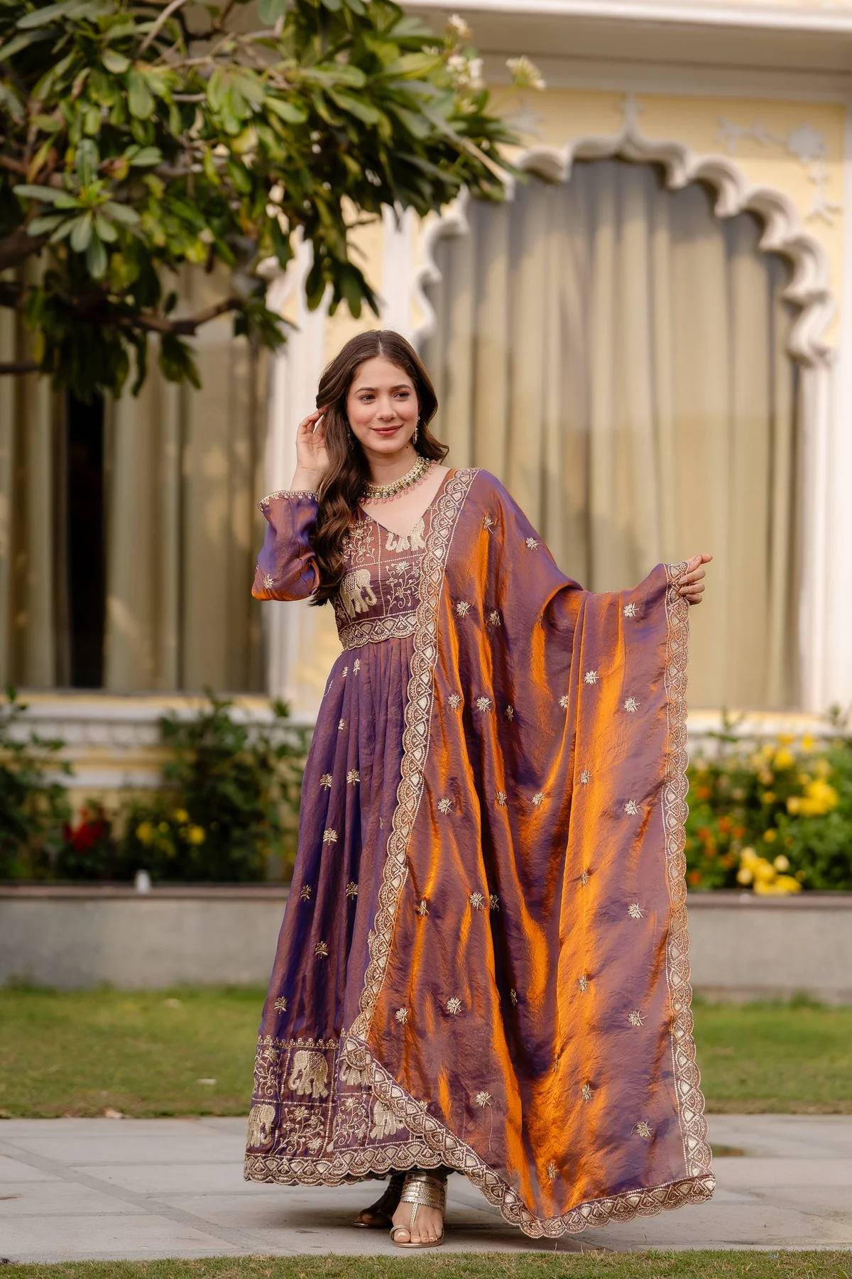 Majestic Purple Gold Anarkali Suit Ensemble