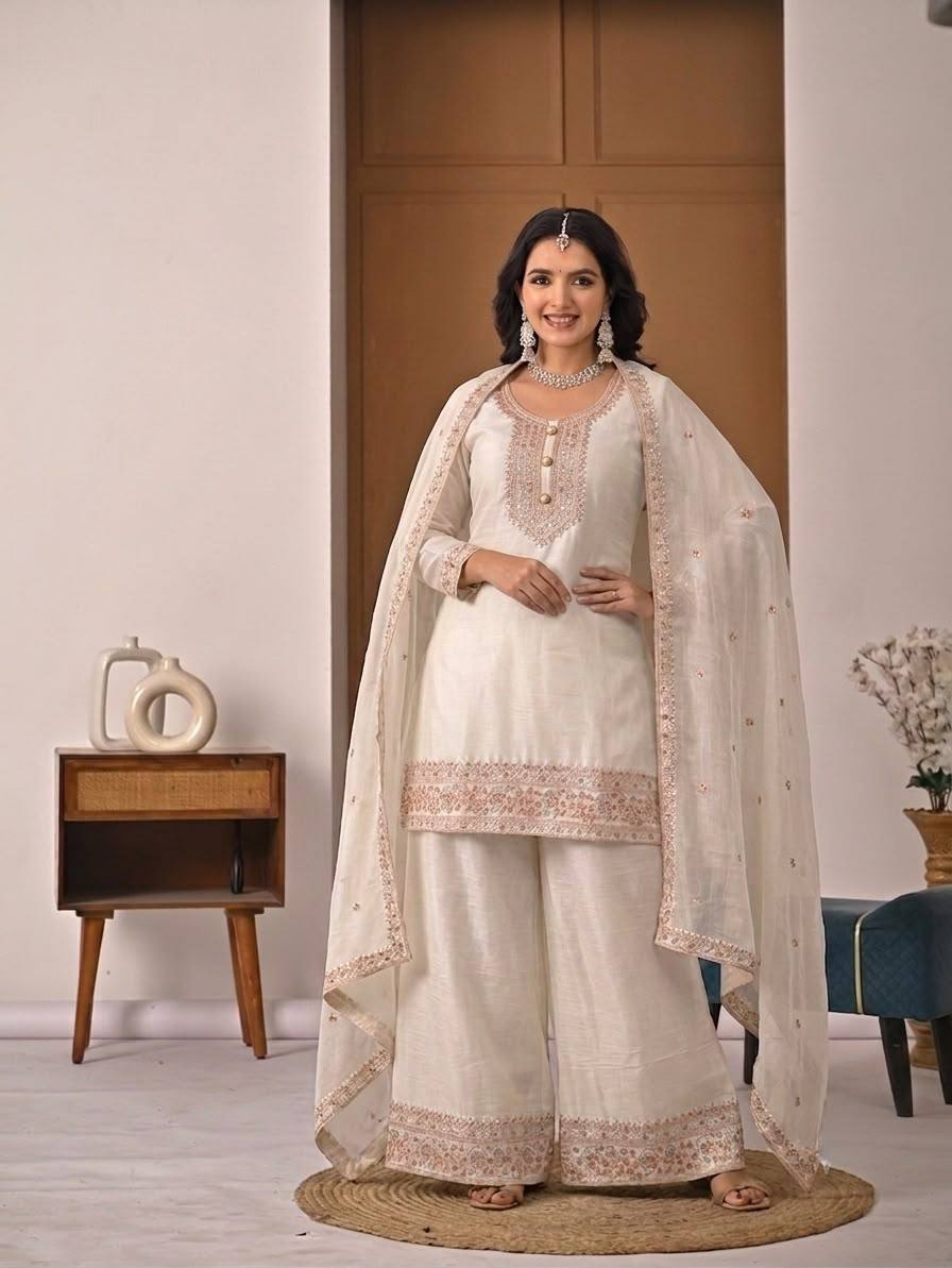 Chic White Suit Featuring Embroidered Dupatta