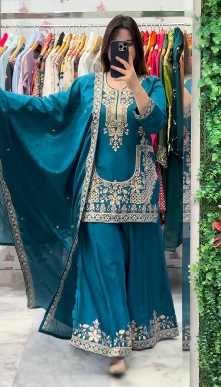 Regal Teal Heritage Embroidery Designer Palazzo Suit Set