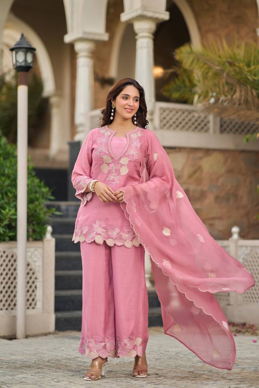 Elegant Blossom Pink Embroidered Suit Ensemble