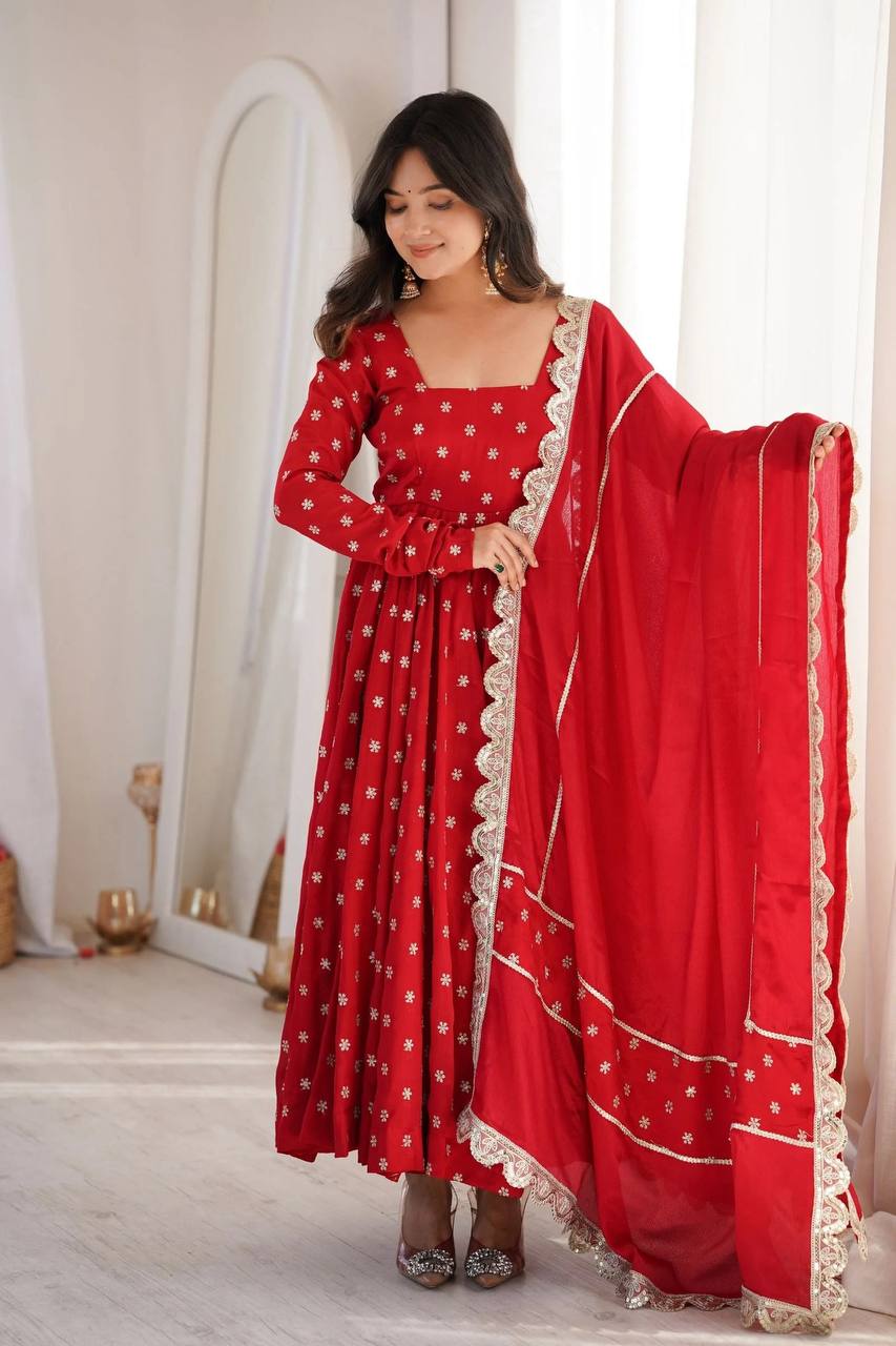 Designer Red Ethnic Ensemble Featuring Luxurious Embroidery And Flawless Suit