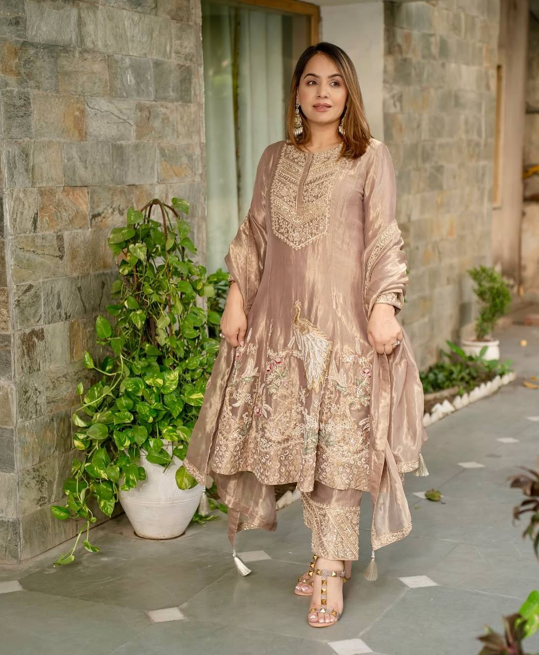 Beige Suit Adorned with Intricate Embroidery and Luxurious Gold