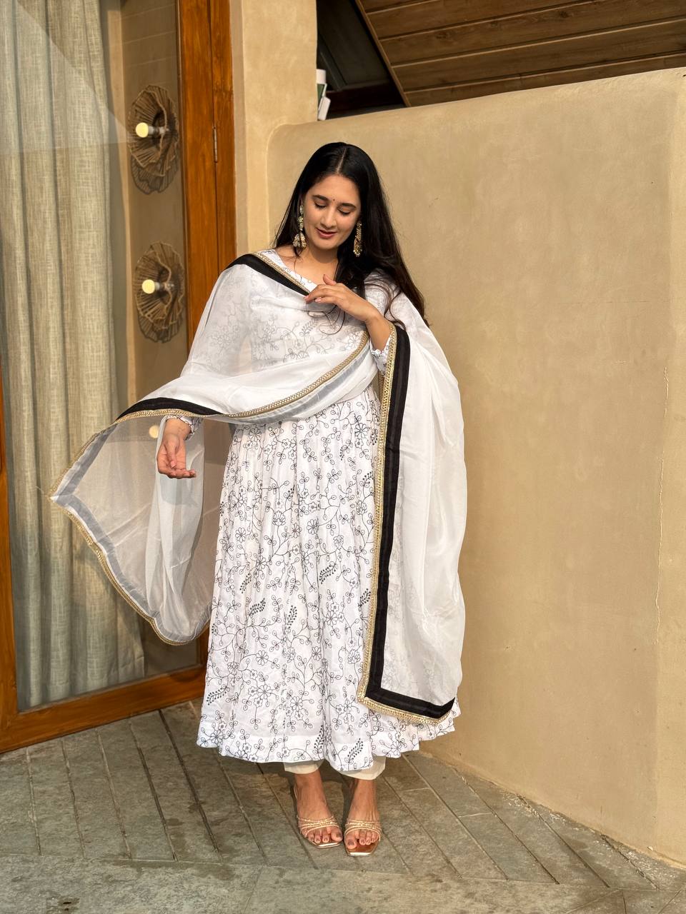 White printed Anarkali suit with white dupatta