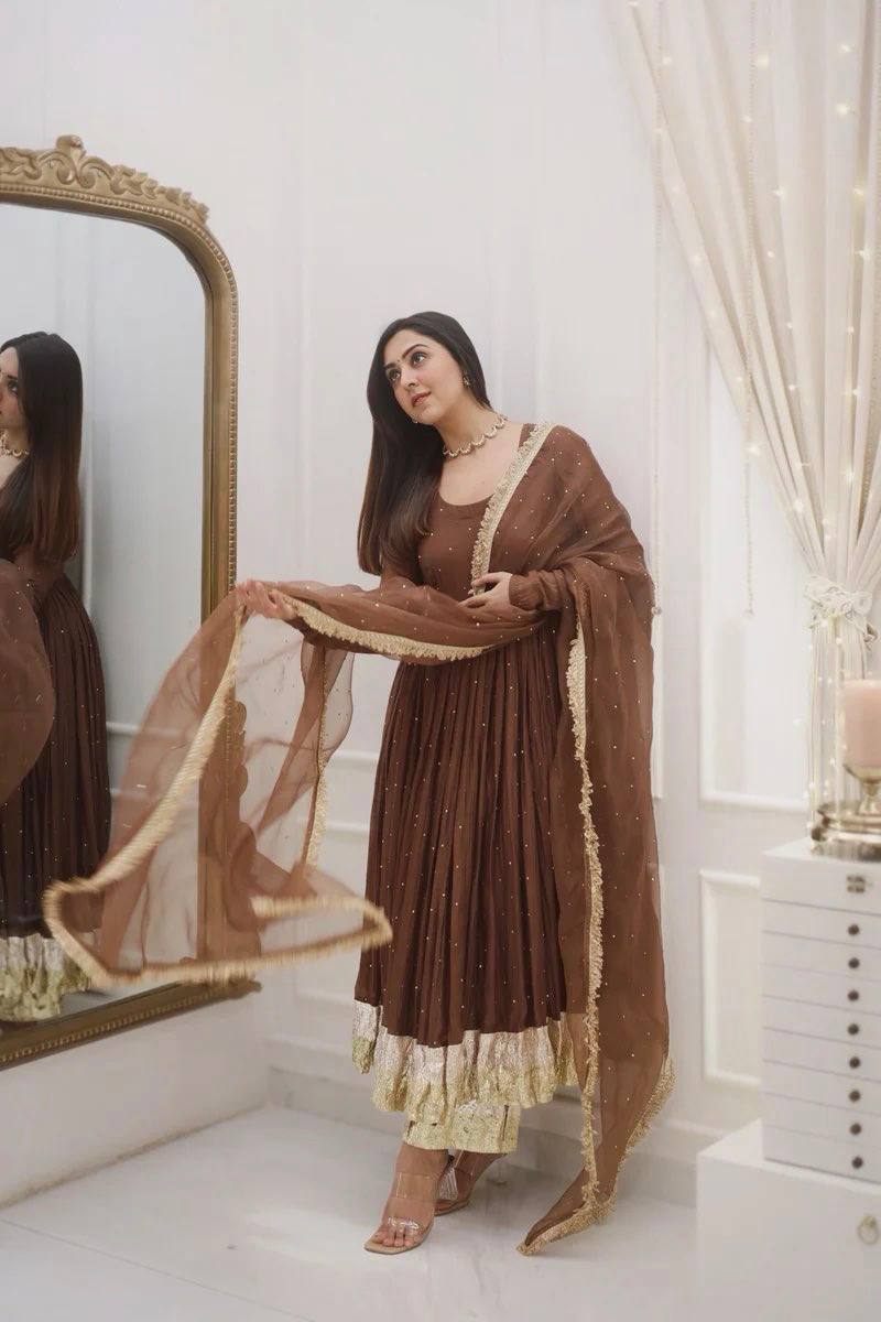 Elegant Brown Anarkali with Golden Accents