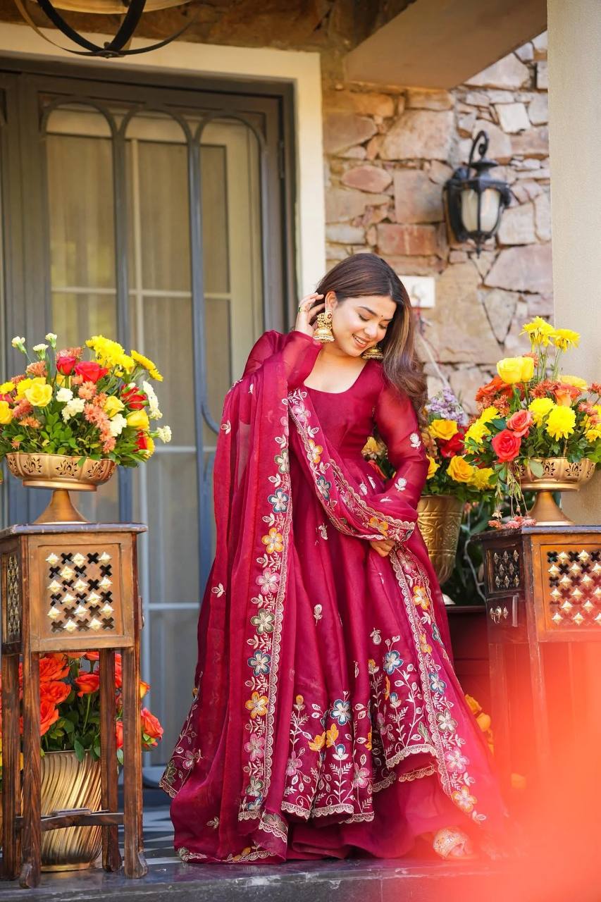 Majestic Ruby Threadwork Anarkali Dress for Festive Soirees