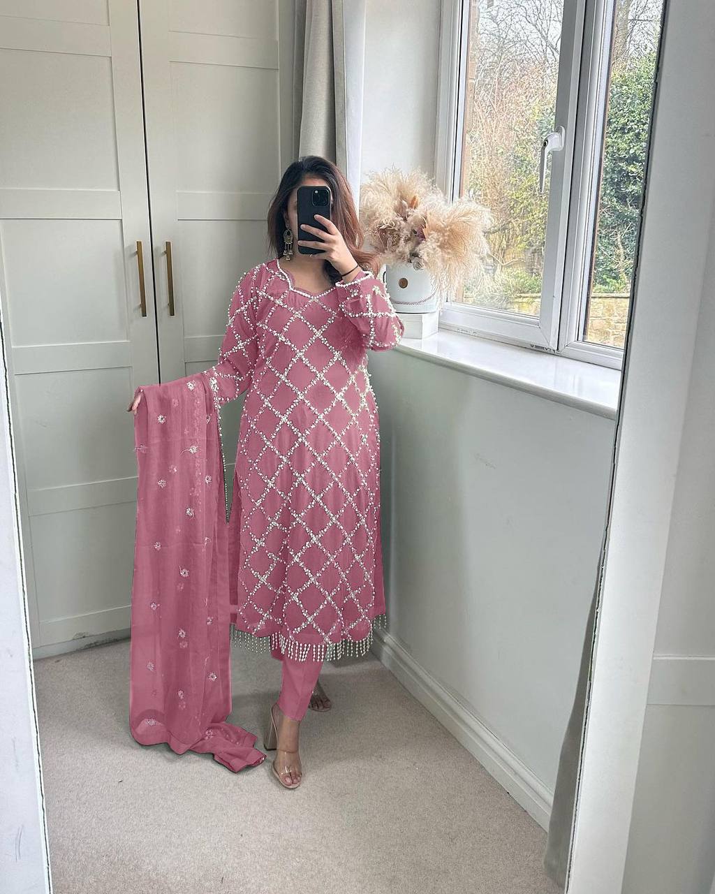 DESIRABLE FANCY FAUX GEORGETTE SEQUENCE EMBROIDERED WORK TOP AND PENT WITH DUPATTA