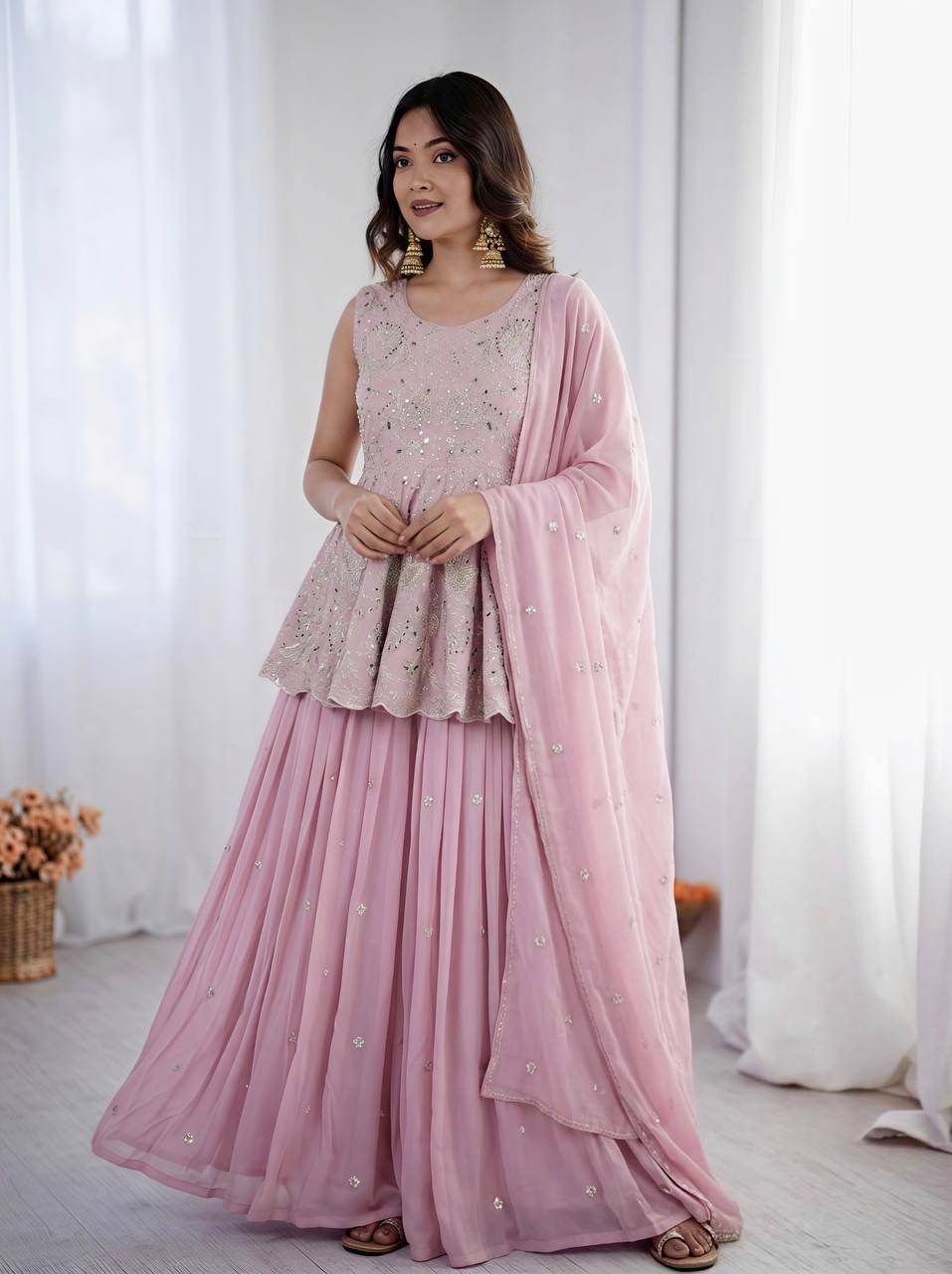 Serene Charm Delicate Embroidery on Pink Lehenga