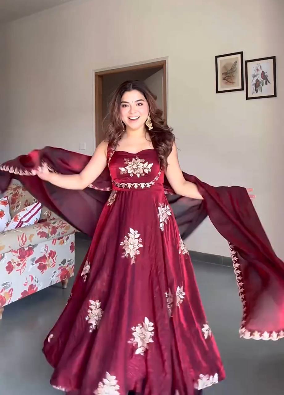 Maroon Embroidered Silk Anarkali Suit Set