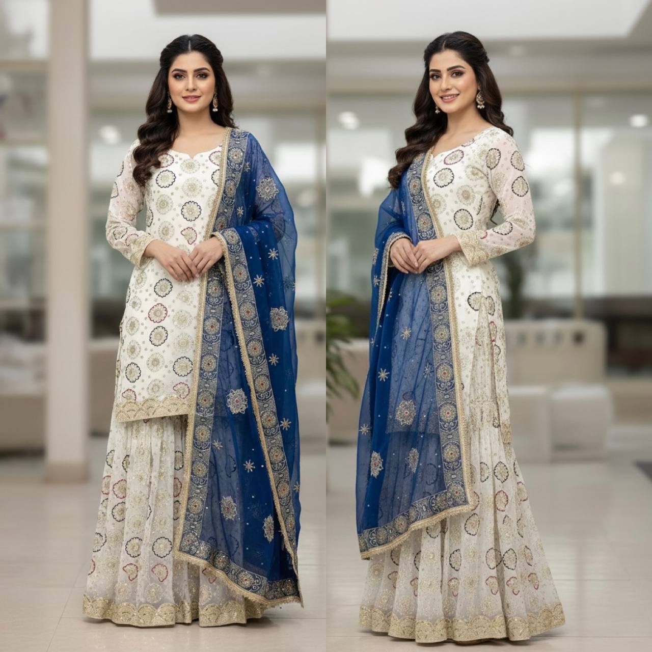 Royal Ivory Blue Starlight Handcrafted Luxury Ethnic Ensemble