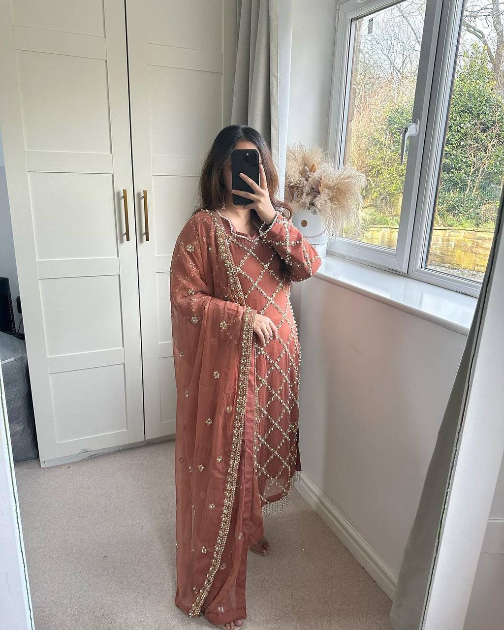 DESIRABLE FANCY FAUX GEORGETTE SEQUENCE EMBROIDERED WORK TOP AND PENT WITH DUPATTA