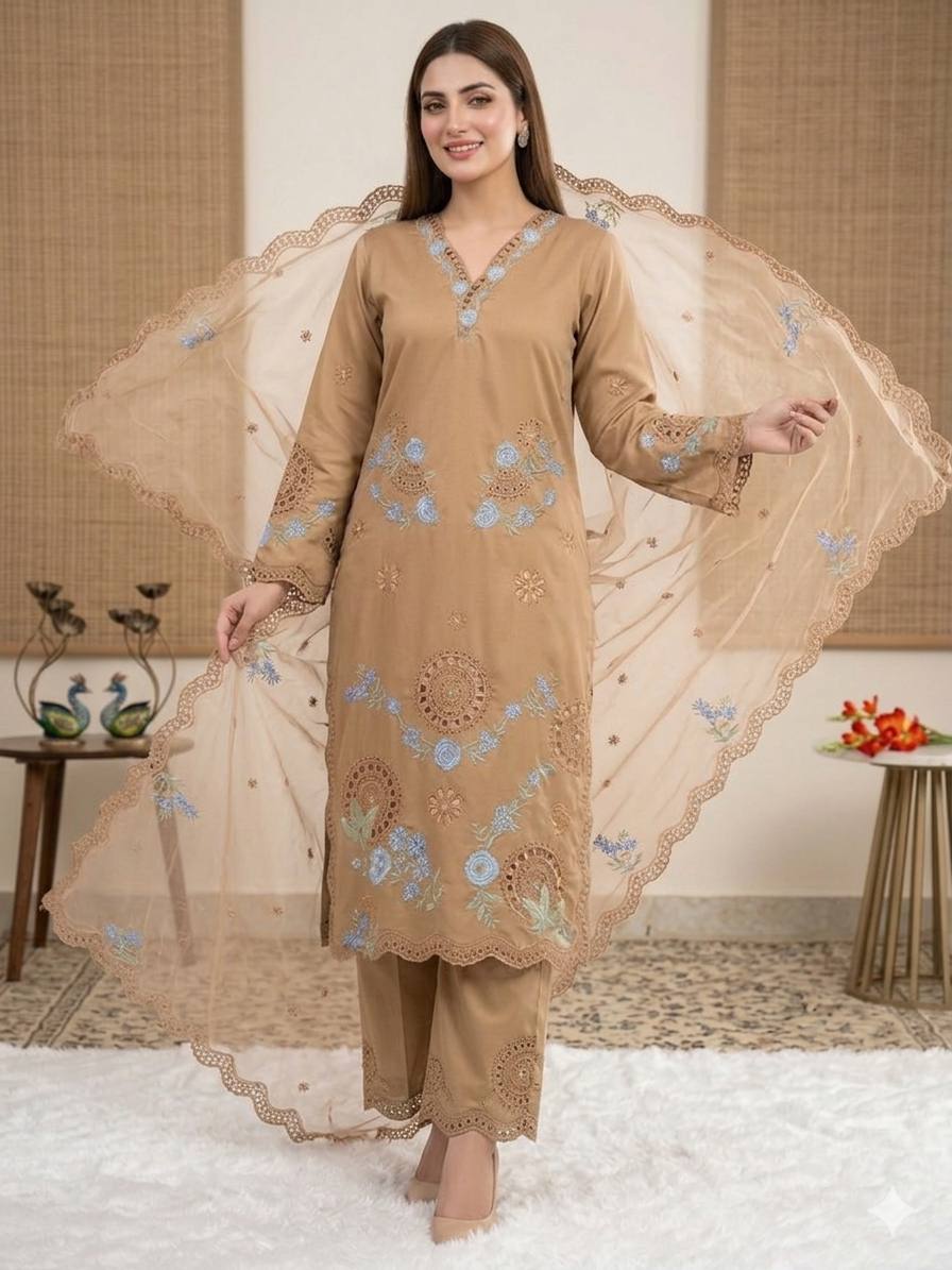 Elegant Beige Embroidered Suit with Net Dupatta