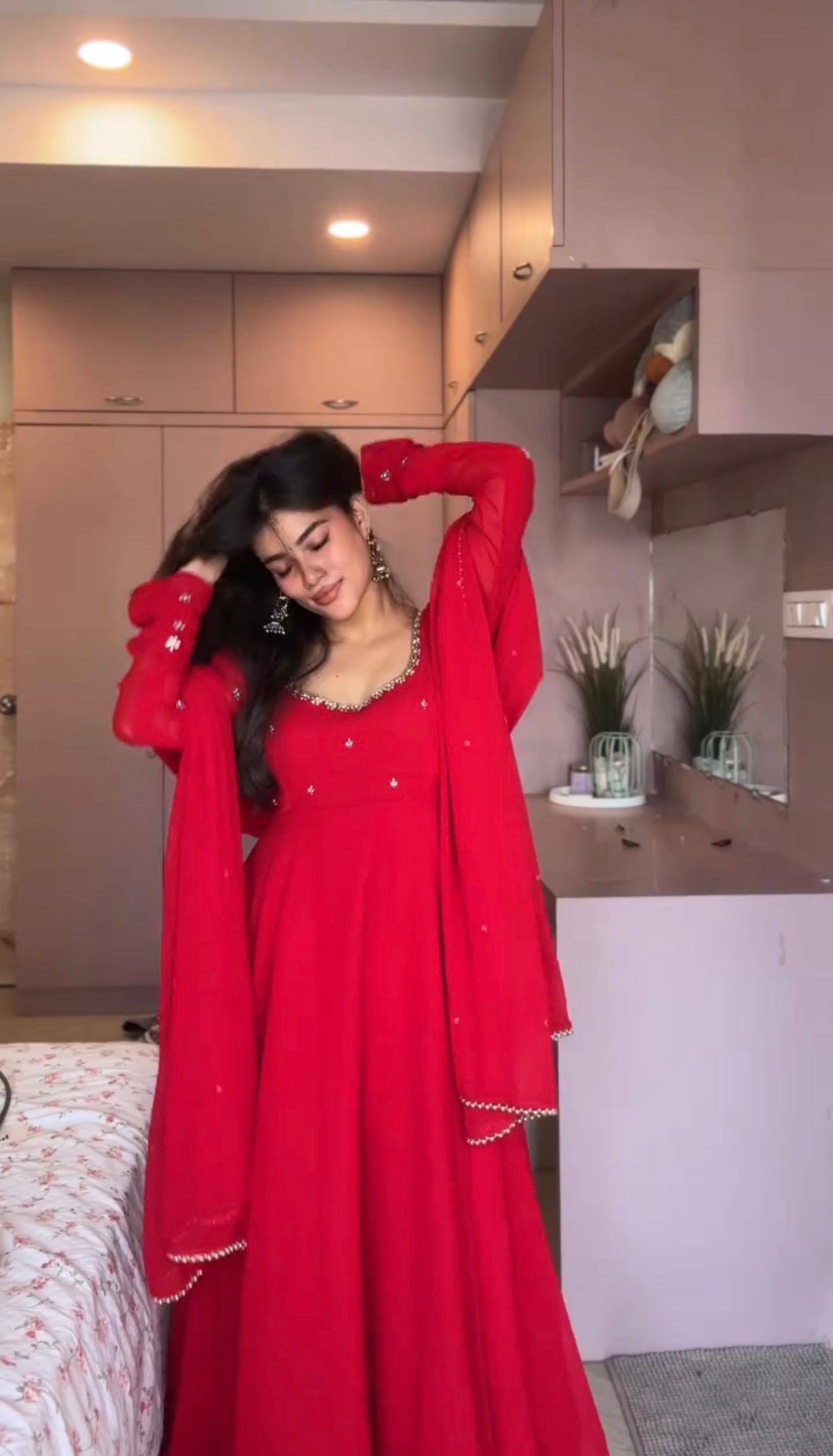 Elegant Red Embroidered Anarkali Suit Set