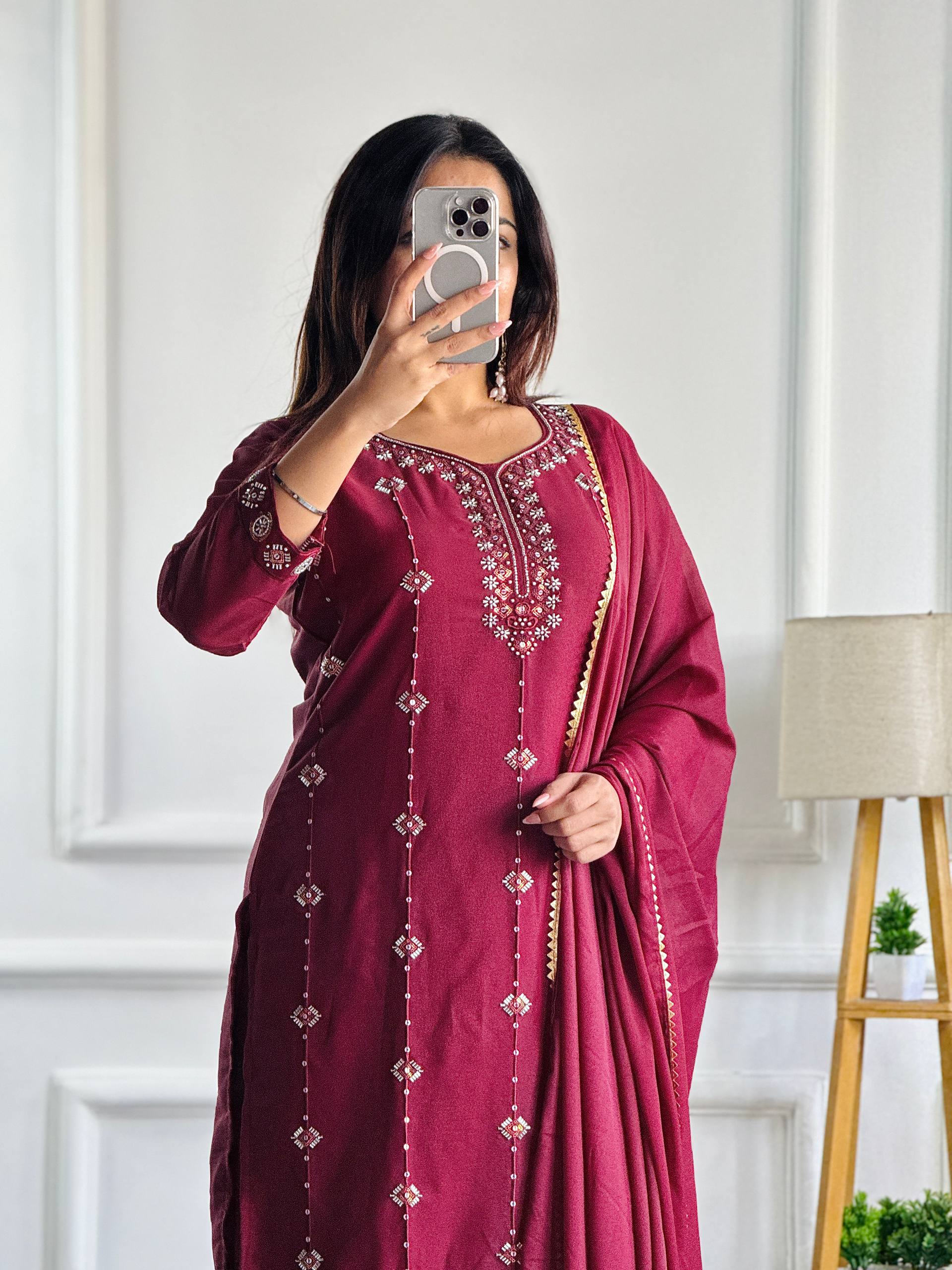 Elegant Maroon Embroidered Suit with Dupatta