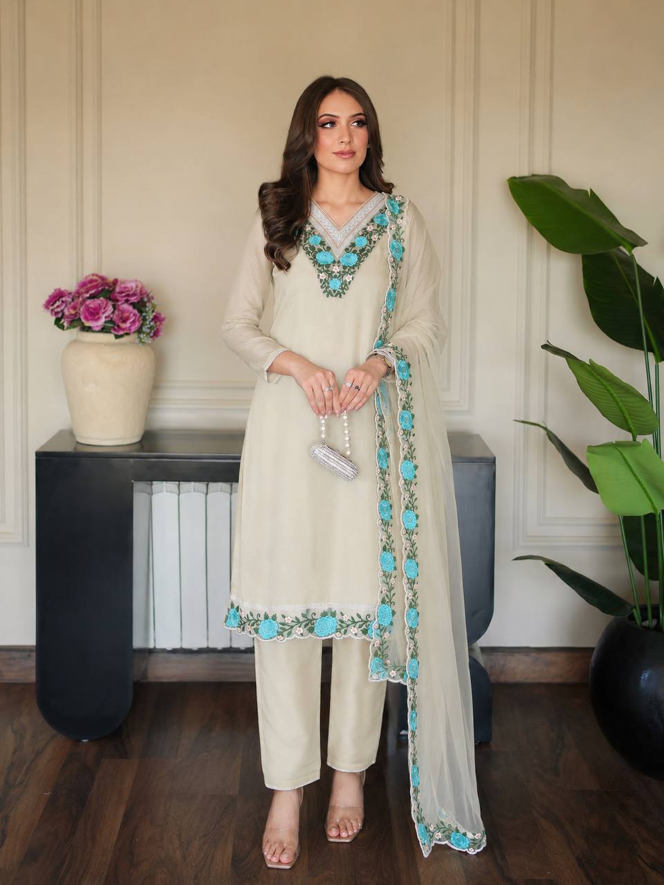 Graceful Fashion Off-White Suit and Blue Embroidery