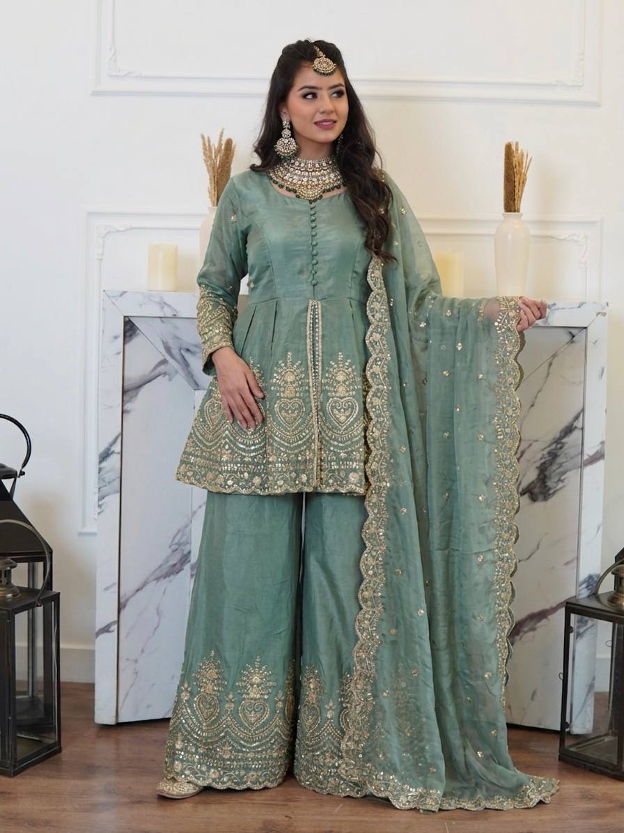 Elegant Green Suit with Luxurious Gold Embroidery