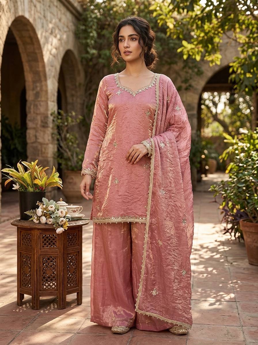 Graceful Pink Embroidered Outfit with Dupatta