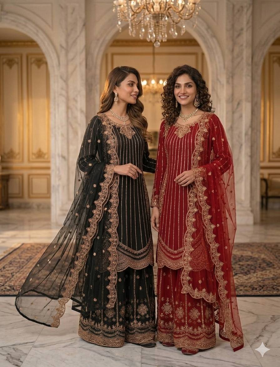 Graceful Georgette Outfit Adorned with Embroidery