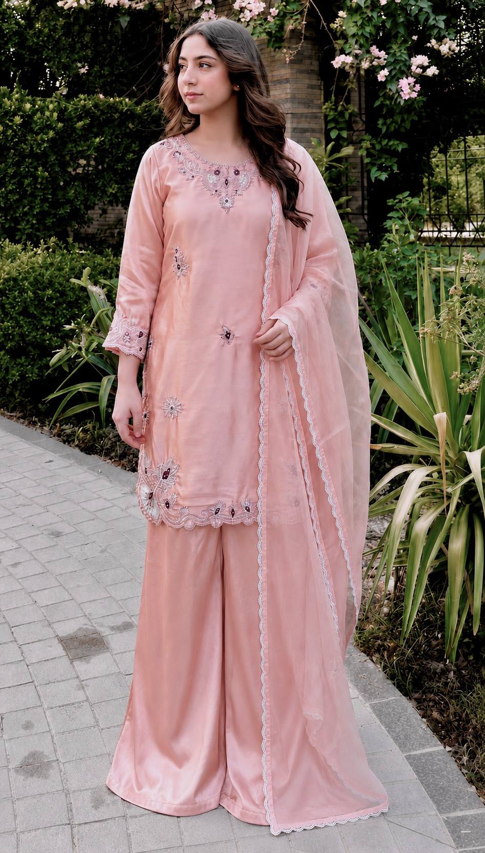 stylish Embroidered Ensemble with Graceful Dupa Accents