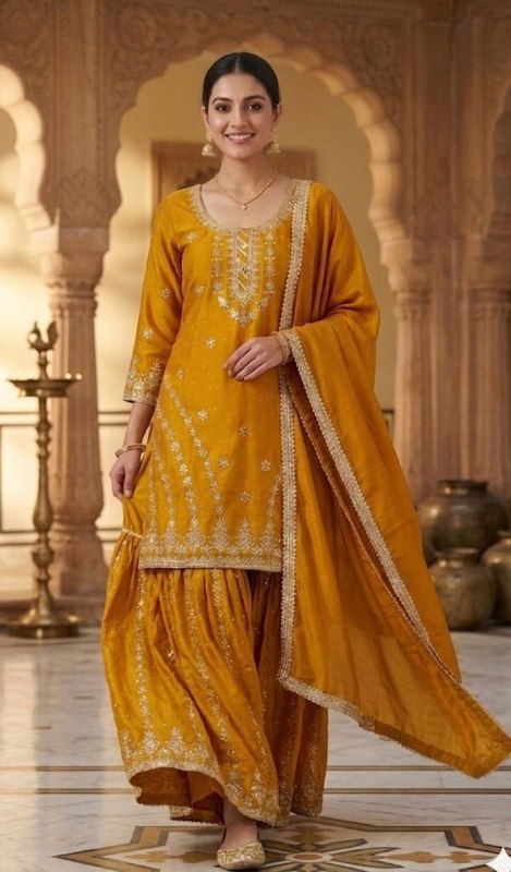 Luxurious Mustard Embroidered Silk Ensemble