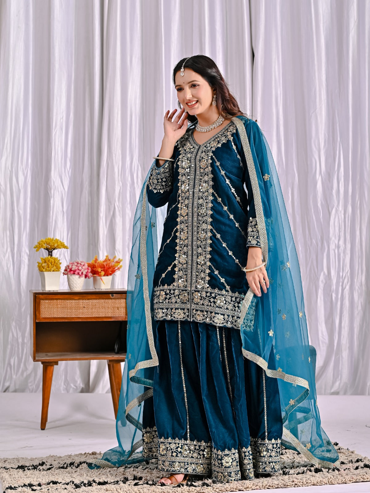 Graceful Blue and Gold Embroidered Dress