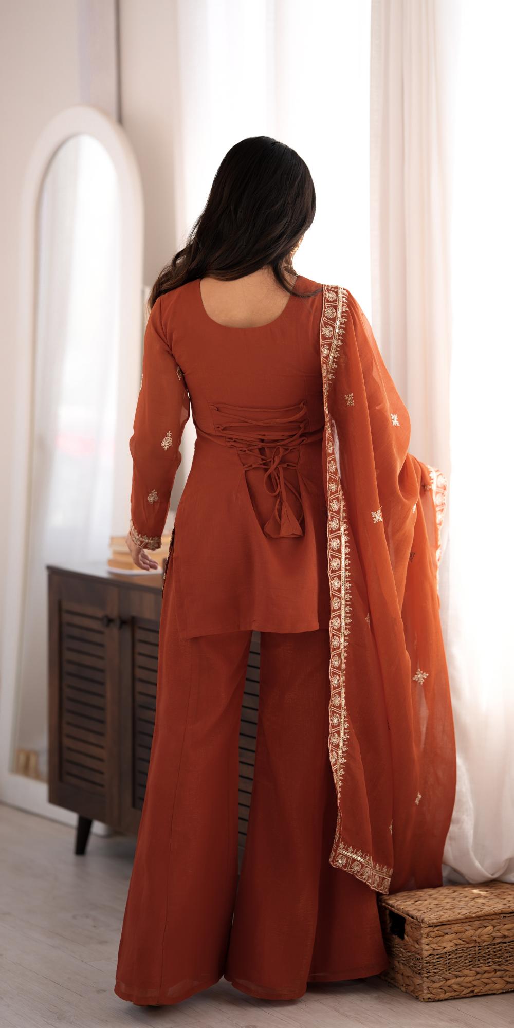 Rust georgette festive ethnic wear