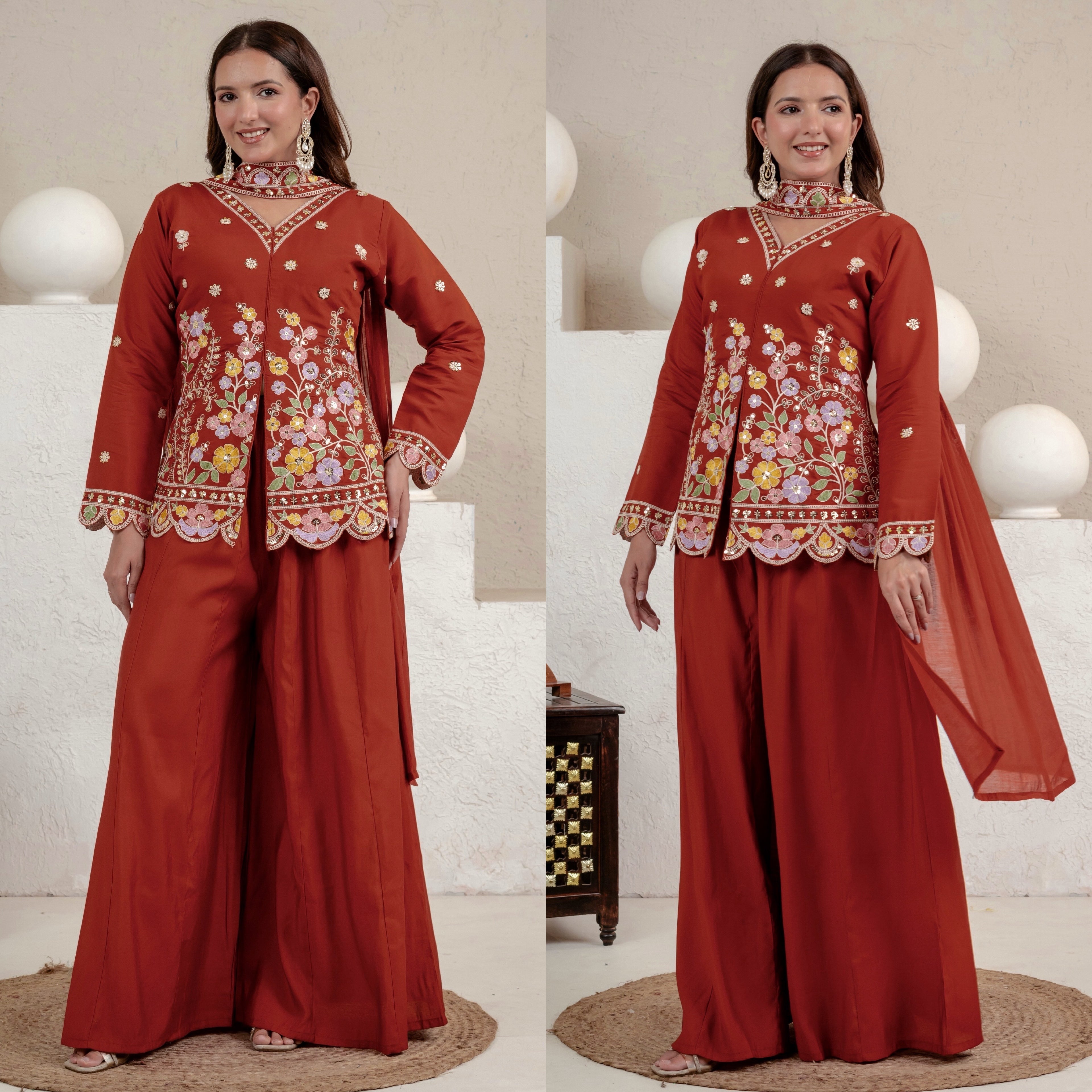 Embroidered rust floral tunic palazzo set.
