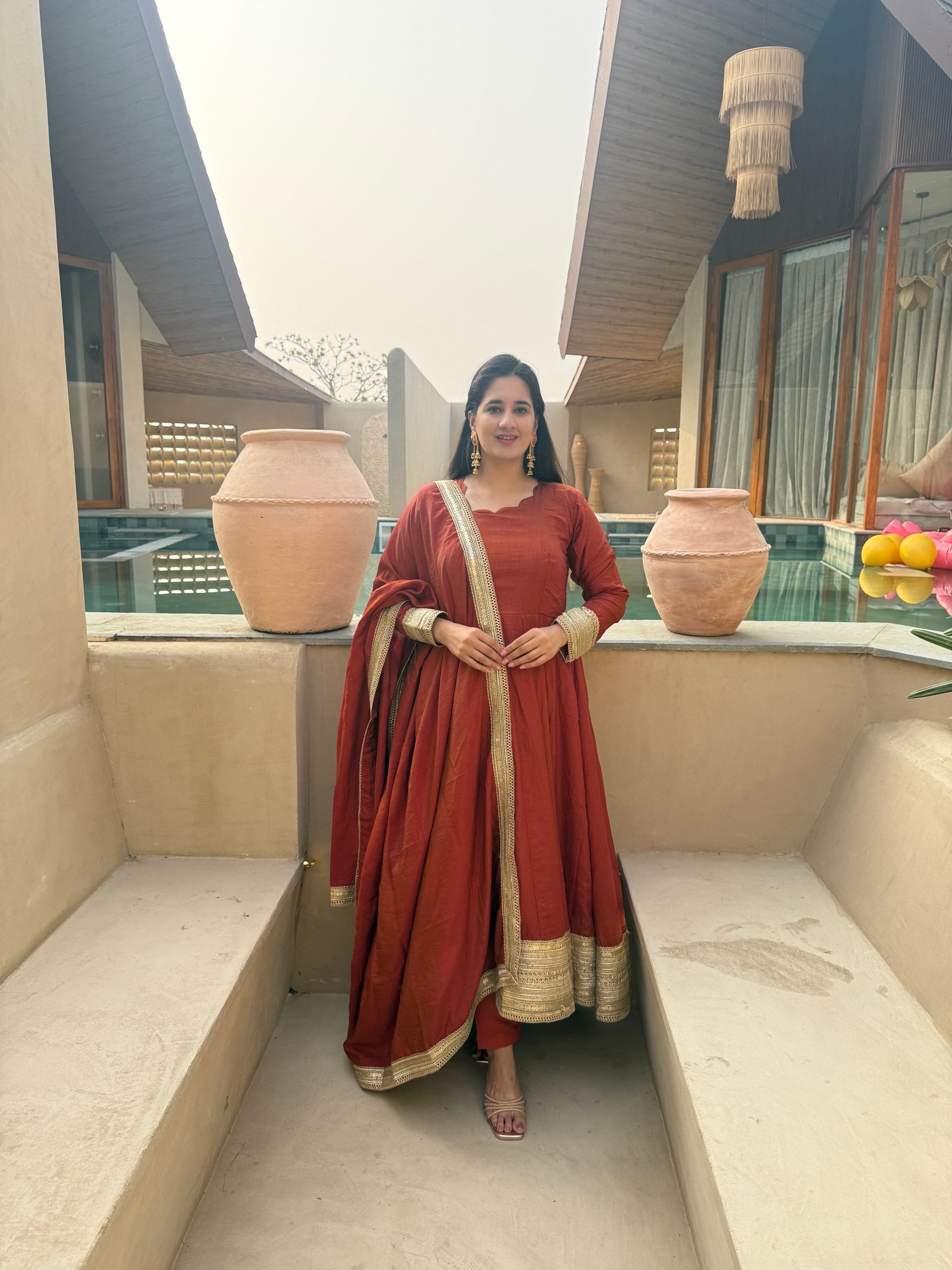 Rust Anarkali Suit with Gold Borders