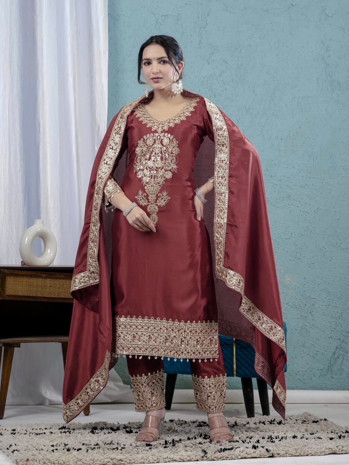 Regal Maroon Suit with Elegant Gold Embroidery