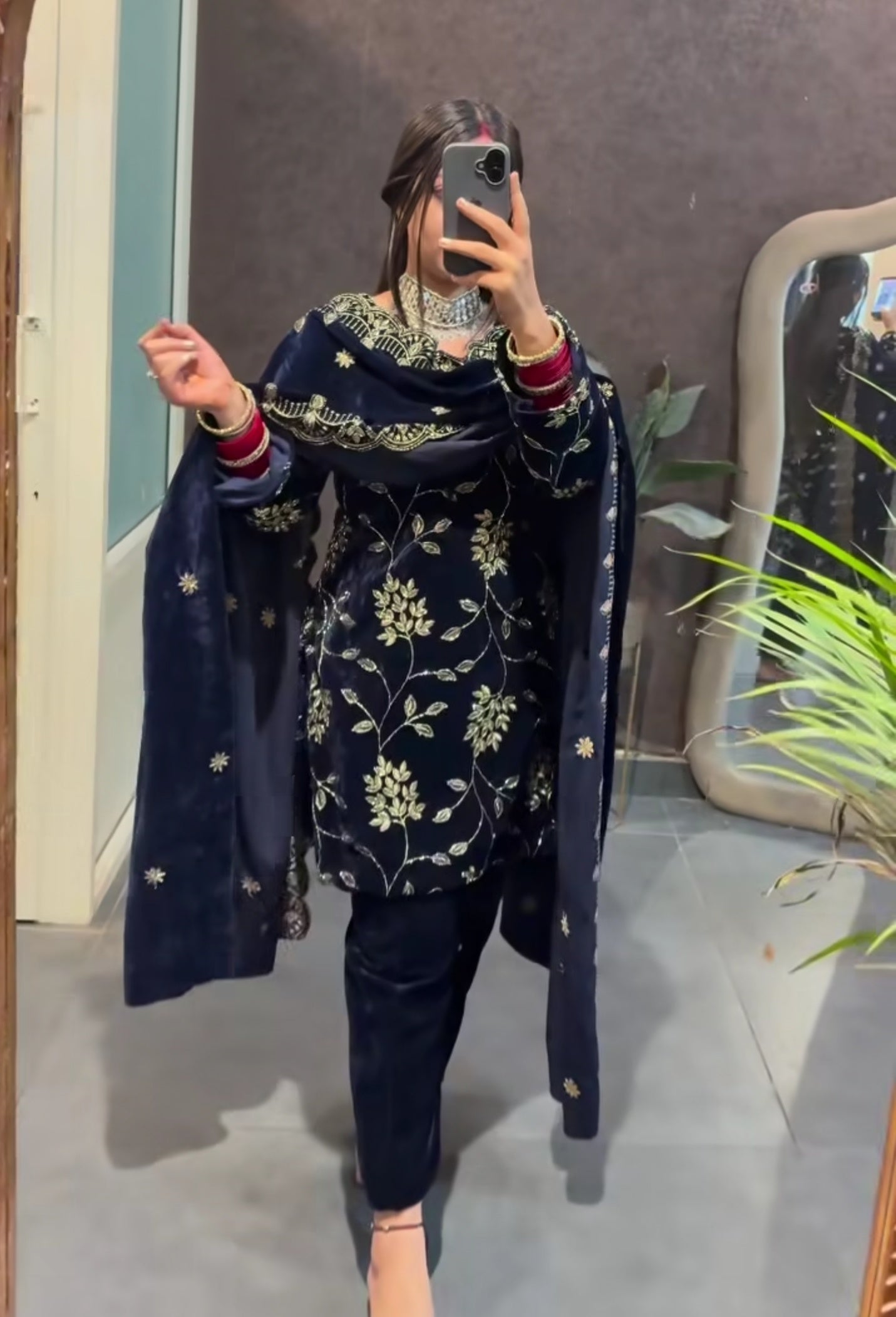 Midnight Velvet Ensemble with Golden Embroidery