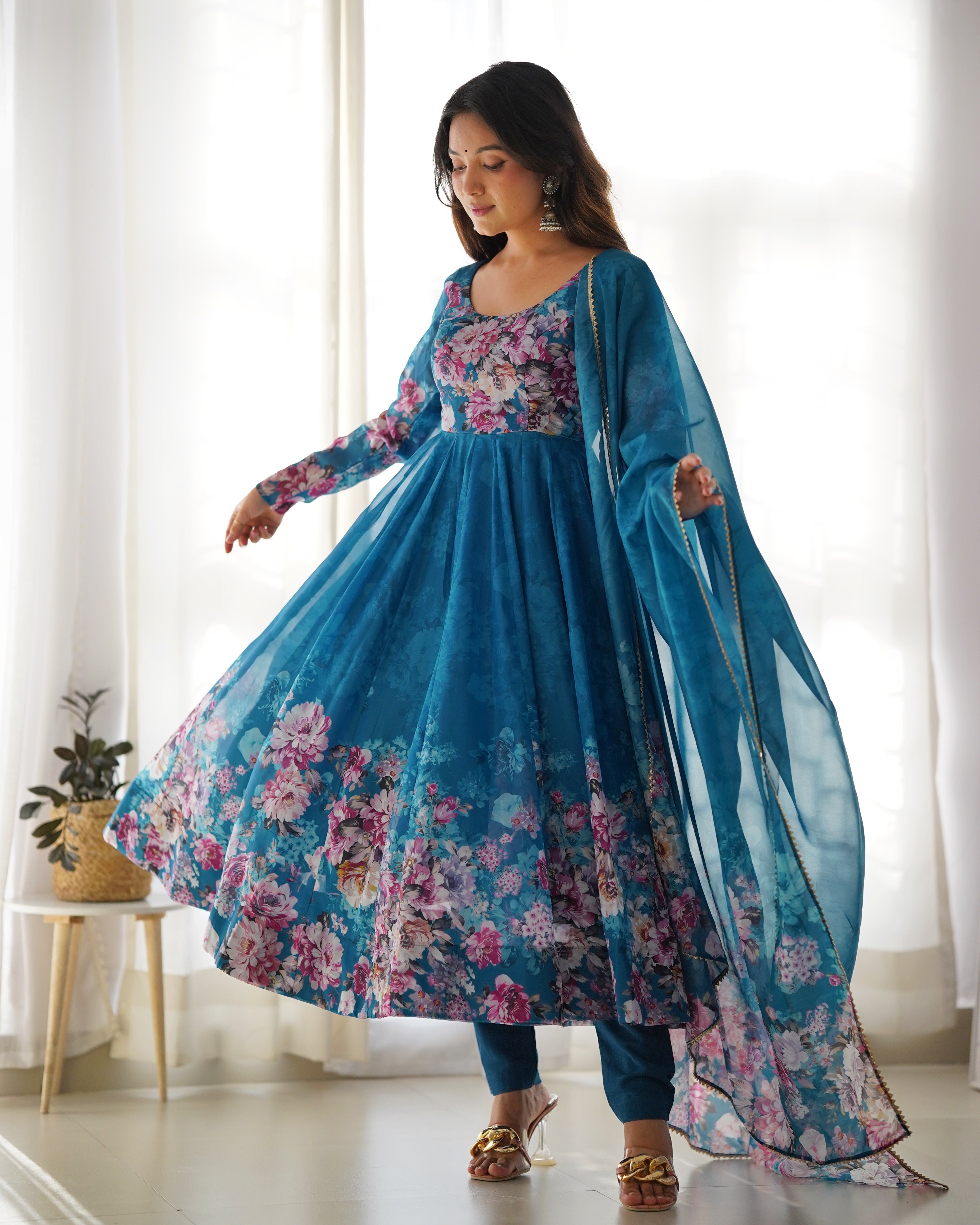 Blue Flower Printed Anarkali Kurti With Pant & Dupatta Set