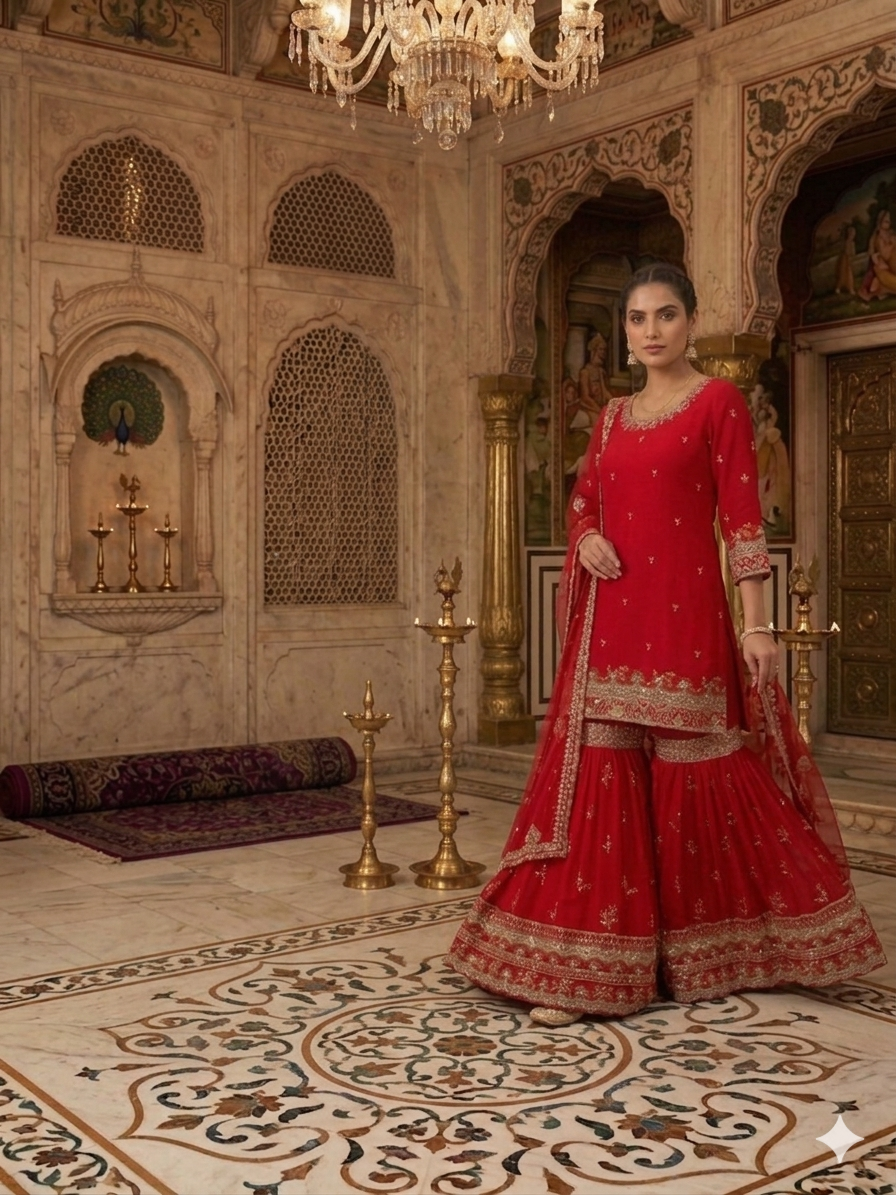 Elegant royal red embroidered sharara suit