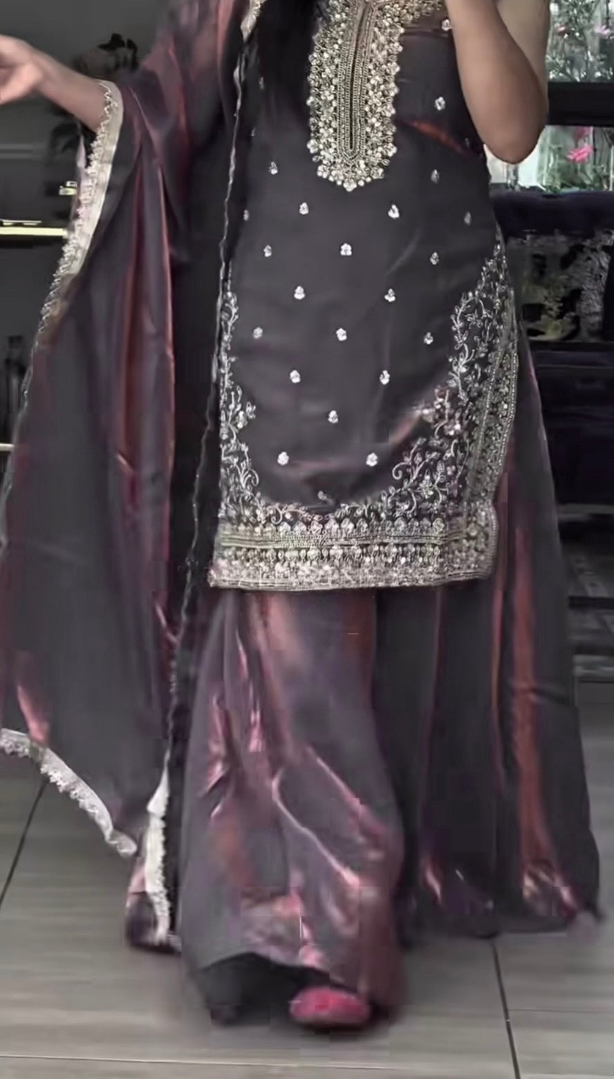 Elegant metallic mauve embroidered sharara suit
