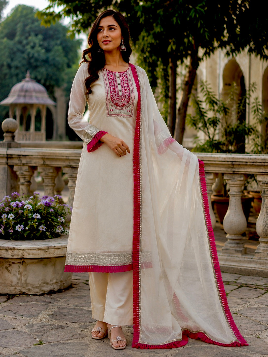 Elegant White and Pink Embroidered Suit Set
